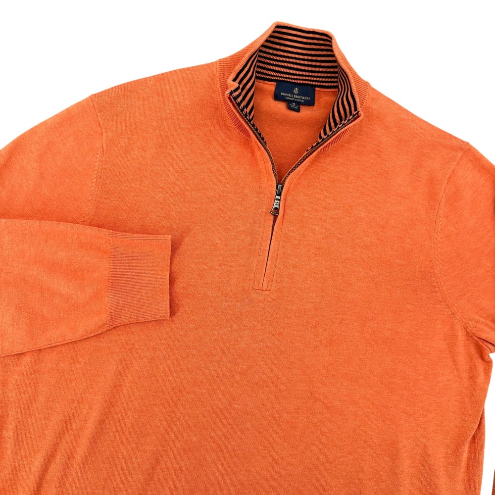 Brooks Brothers Mens MEDIUM Orange Supima Cotton Quarter Zip Sweater Striped
